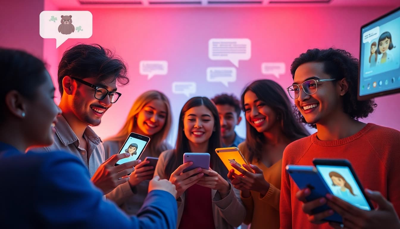 Engaging chat experience with crushon ia, showcasing diverse users interacting with AI characters on digital devices.