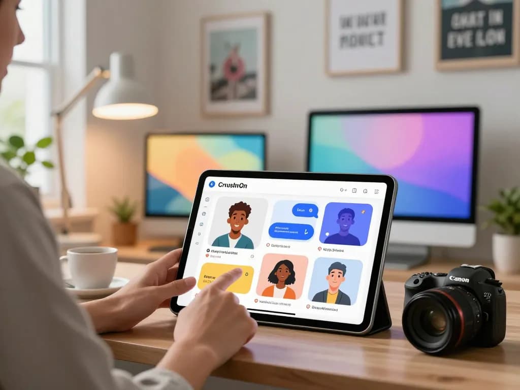 Engaging CrushOn AI chat interface with customizable character avatars in a modern workspace.