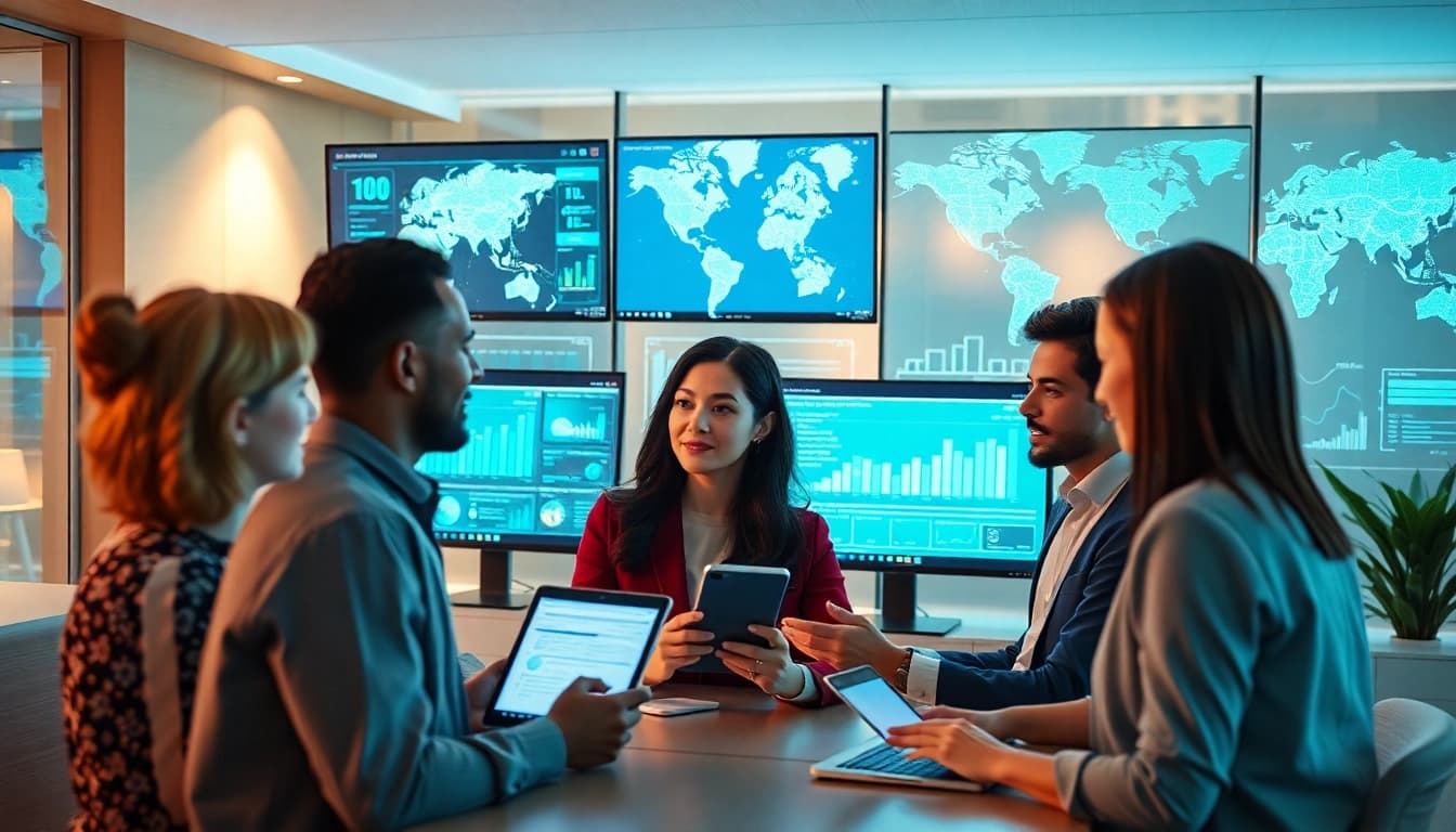 Dynamic professionals utilizing 快连官网 services in a modern office showcasing global network acceleration.