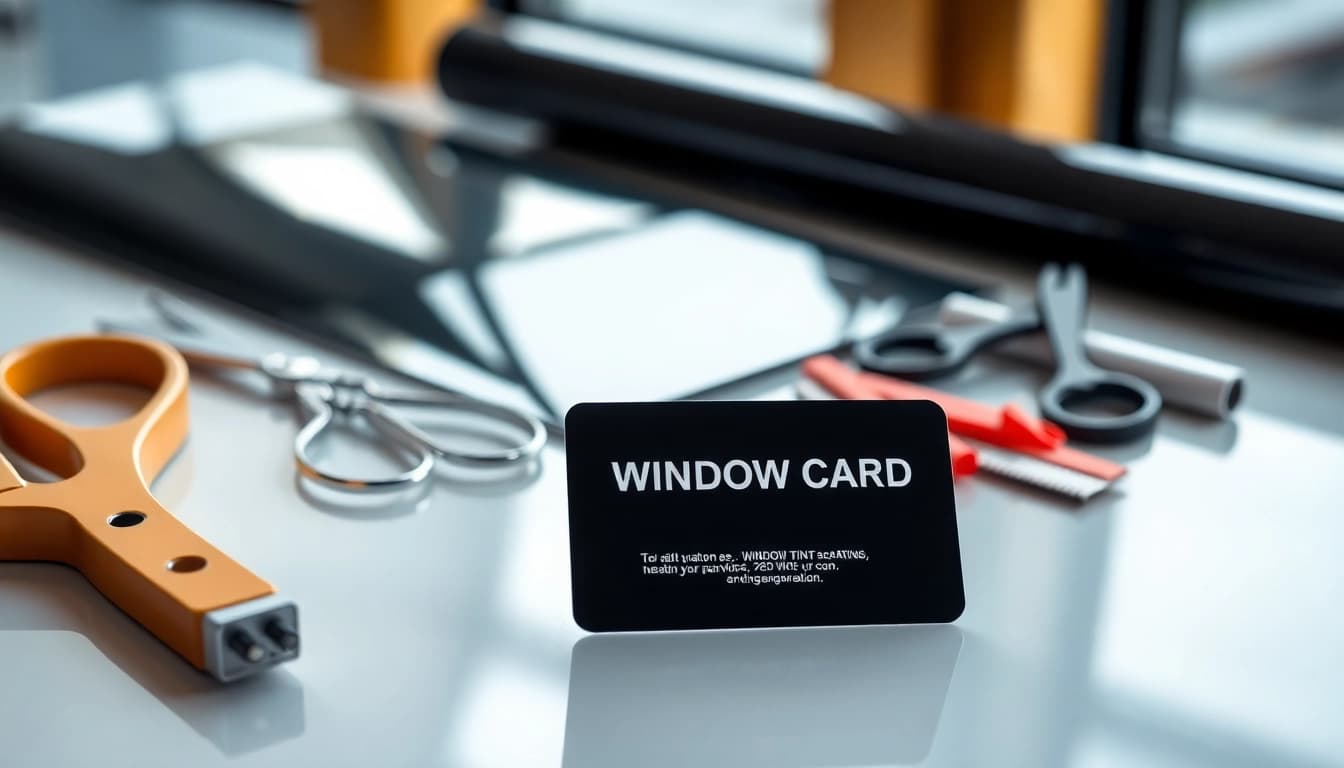 Promote a window tint gift card surrounded by premium tinting tools on a polished surface.