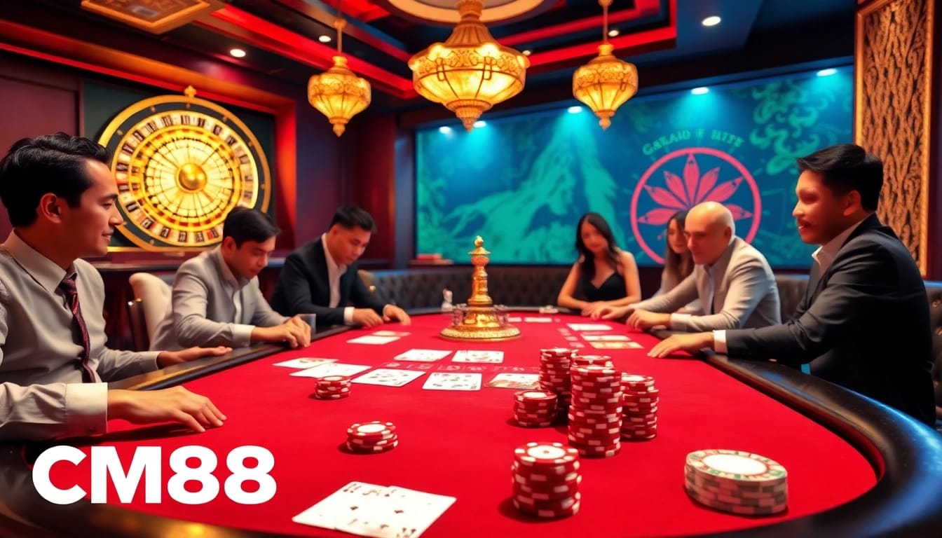 Join the thrilling action at CM88's poker table surrounded by chips and cards.