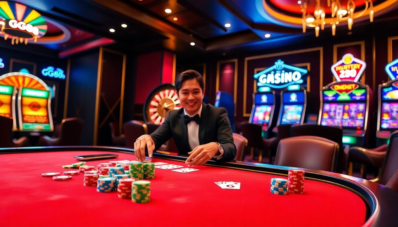 Engage in excitement at the GG88 gambling table surrounded by colorful chips and cards.