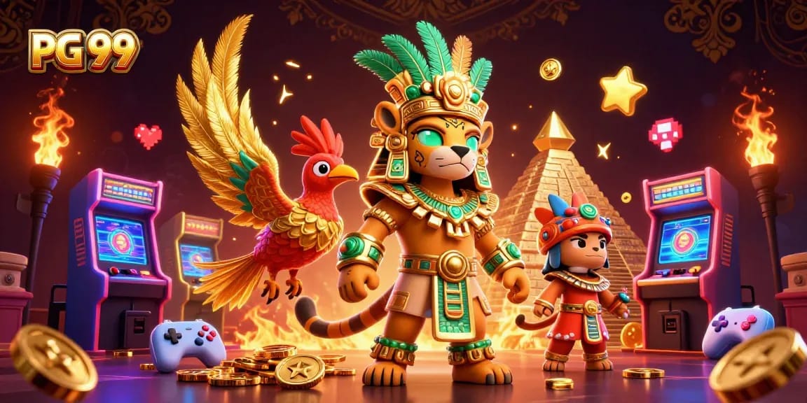 Experience thrilling gameplay with PG 99 featuring a Mayan jaguar priest and arcade elements.