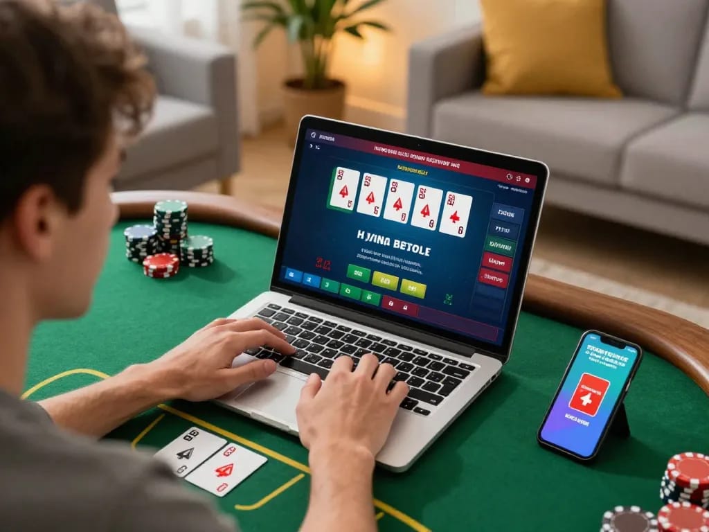 Engaged player enjoying Da88 online casino gaming session with laptop and smartphone.
