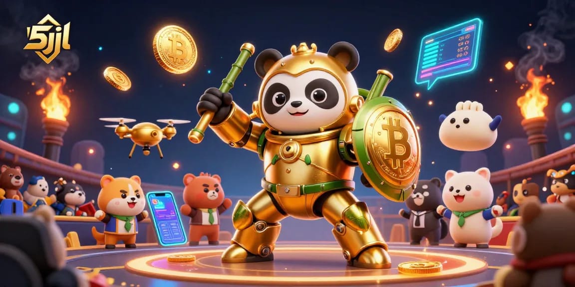 5jl engaging players in an exhilarating crypto-themed battle with a golden panda in mech-suit.