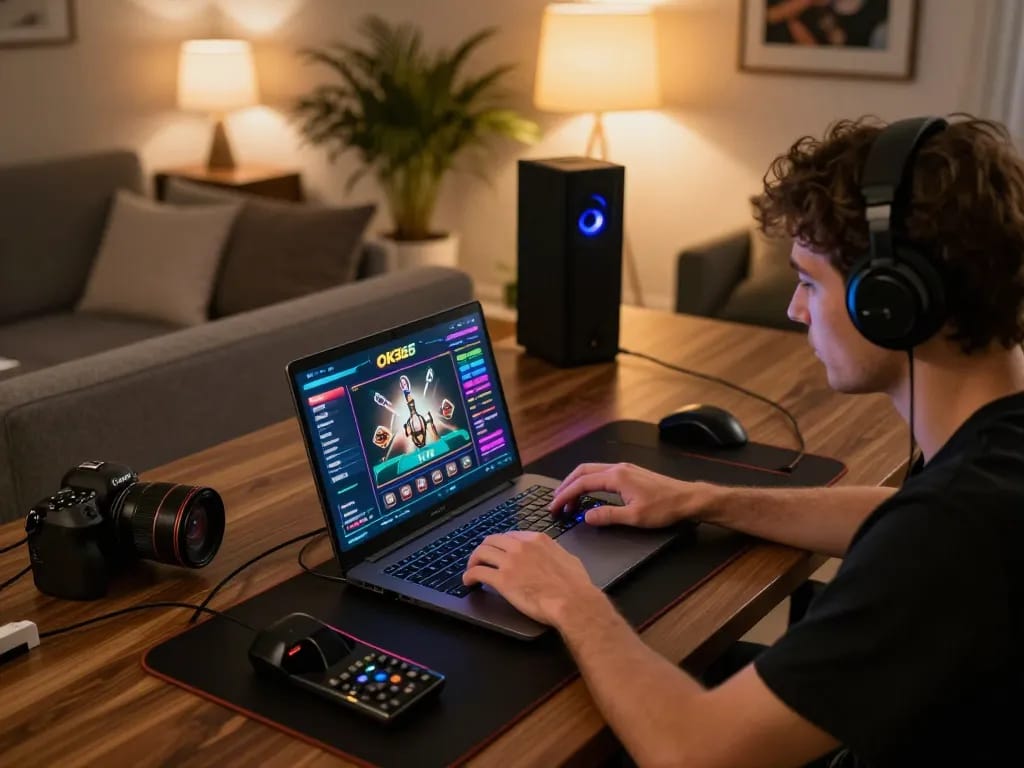 Engaging in online casino gaming on OK365 at a cozy home setup, portraying strategic gameplay