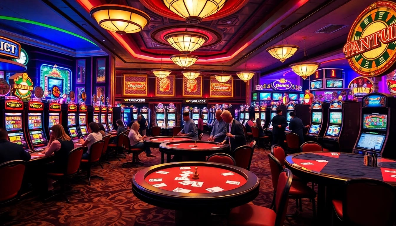 Players enjoying vibrant slot machines at mmoo com casino atmosphere.