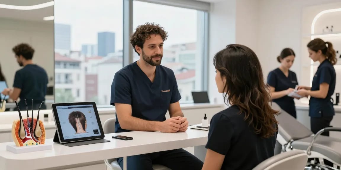 Consultation for hair transplant istanbul with a surgeon in a modern clinic environment.