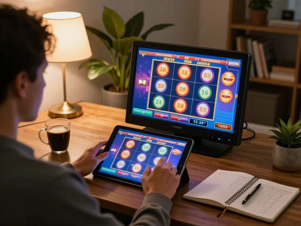 Person enjoying X88.COM slot games on tablet in a cozy home atmosphere, combining entertainment and strategy.