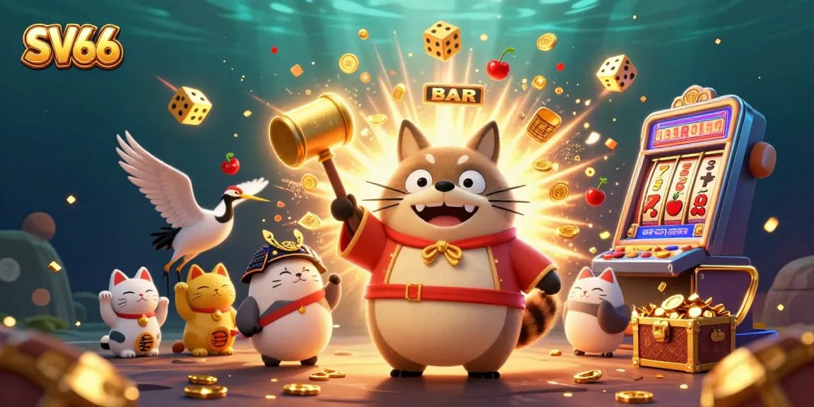 Engage with SV66's vibrant online casino scene featuring a cheerful tanuki and dynamic gaming elements.