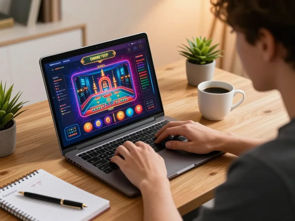 va88 player enjoying online casino experience with strategic notes in cozy home