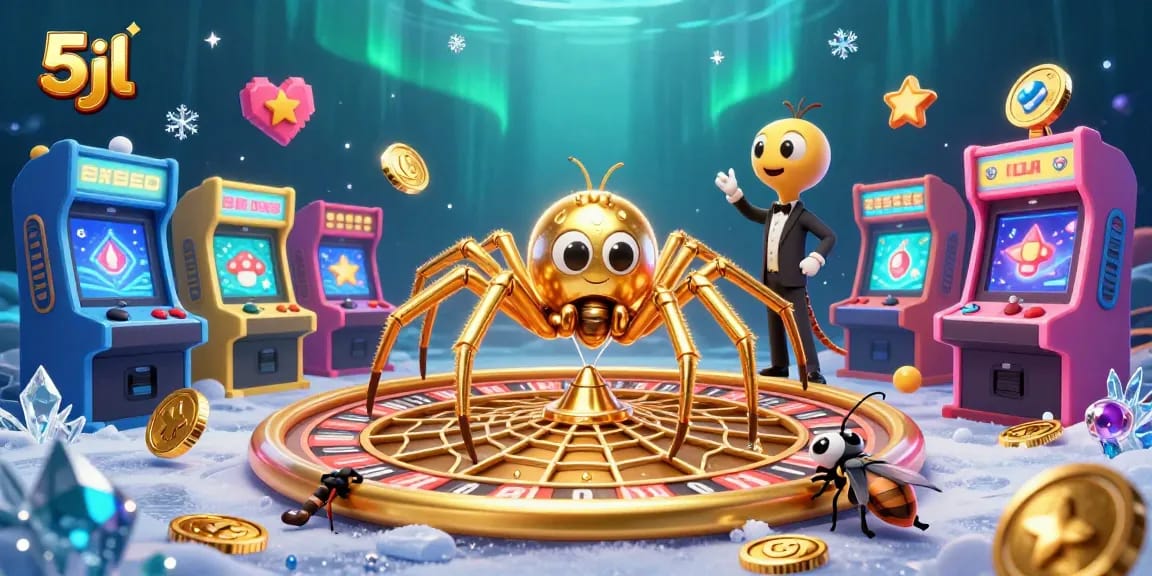 Experience the thrilling 5jl casino atmosphere, where a golden spider spins a roulette web, showcasing bet placements.