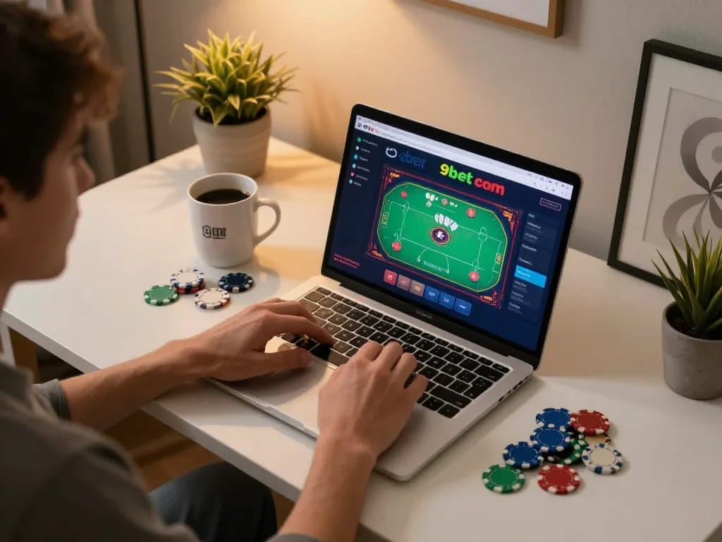 Engaging with the 9bet com platform for poker gameplay in a cozy home setting.