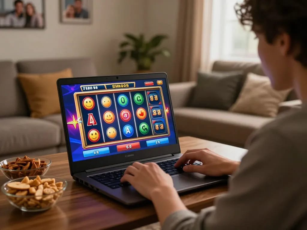 Engaging in online slots at home on cm88.com, surrounded by a cozy atmosphere of snacks and soft lighting.