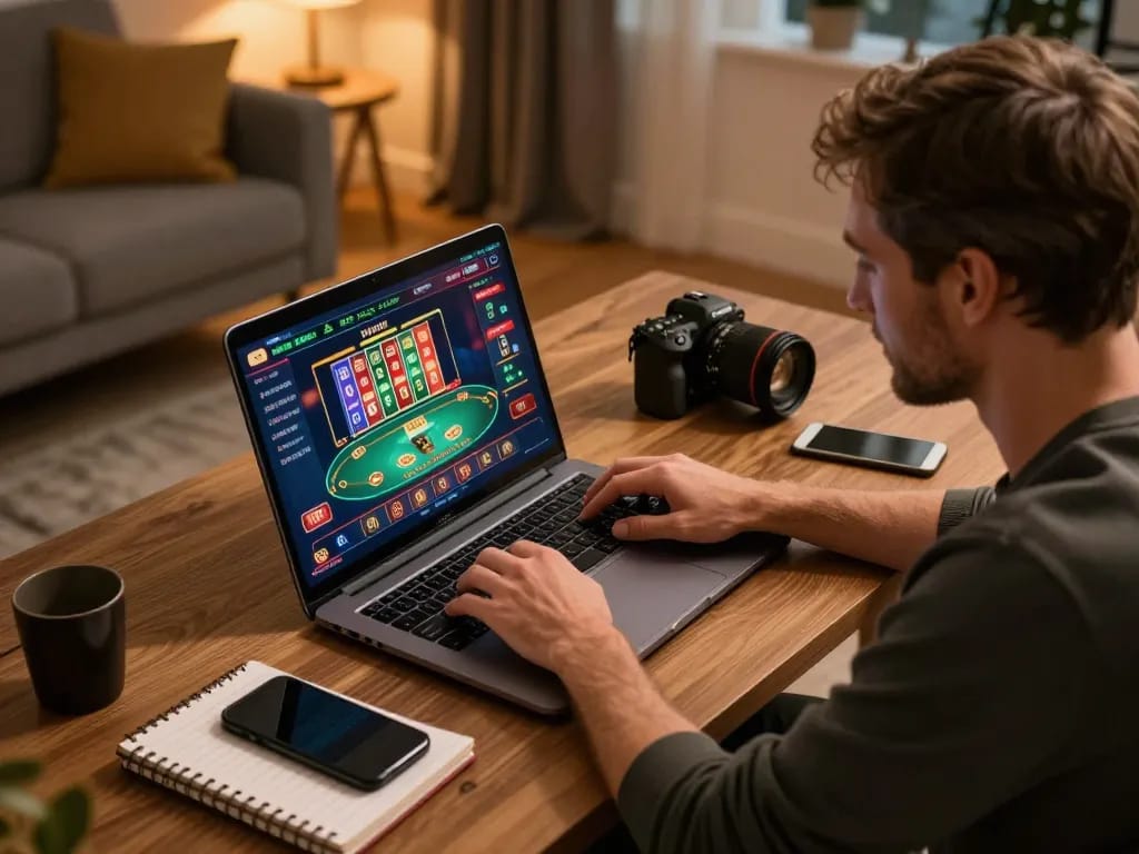 Engaging in online gameplay with link vào MM88 during a cozy evening at home, showcasing a player focused on casino strategy.