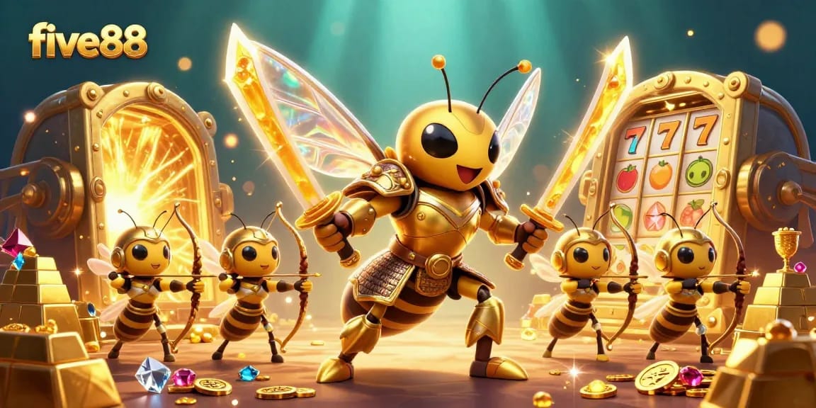 Experience the thrill of five88 with a vibrant 3D casino scene showcasing gold and gems.
