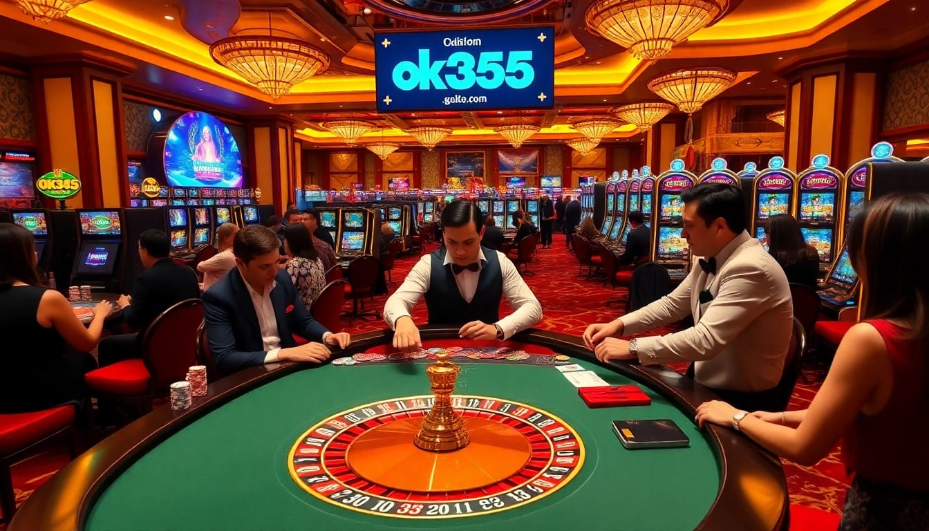 Experience the excitement of gambling at ok365.com with a luxurious casino scene showcasing roulette and slot machines.