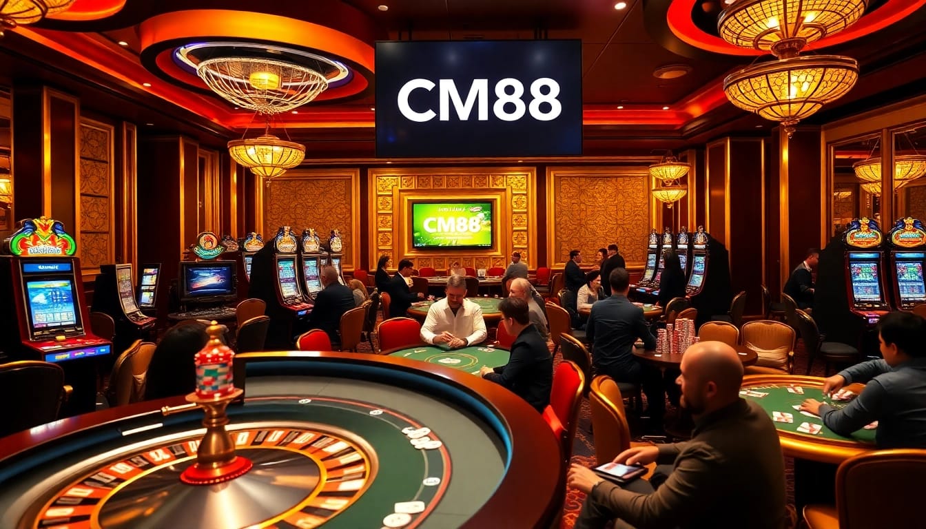 CM88 casino with vibrant roulette wheel, lively players, and dazzling slot machines.