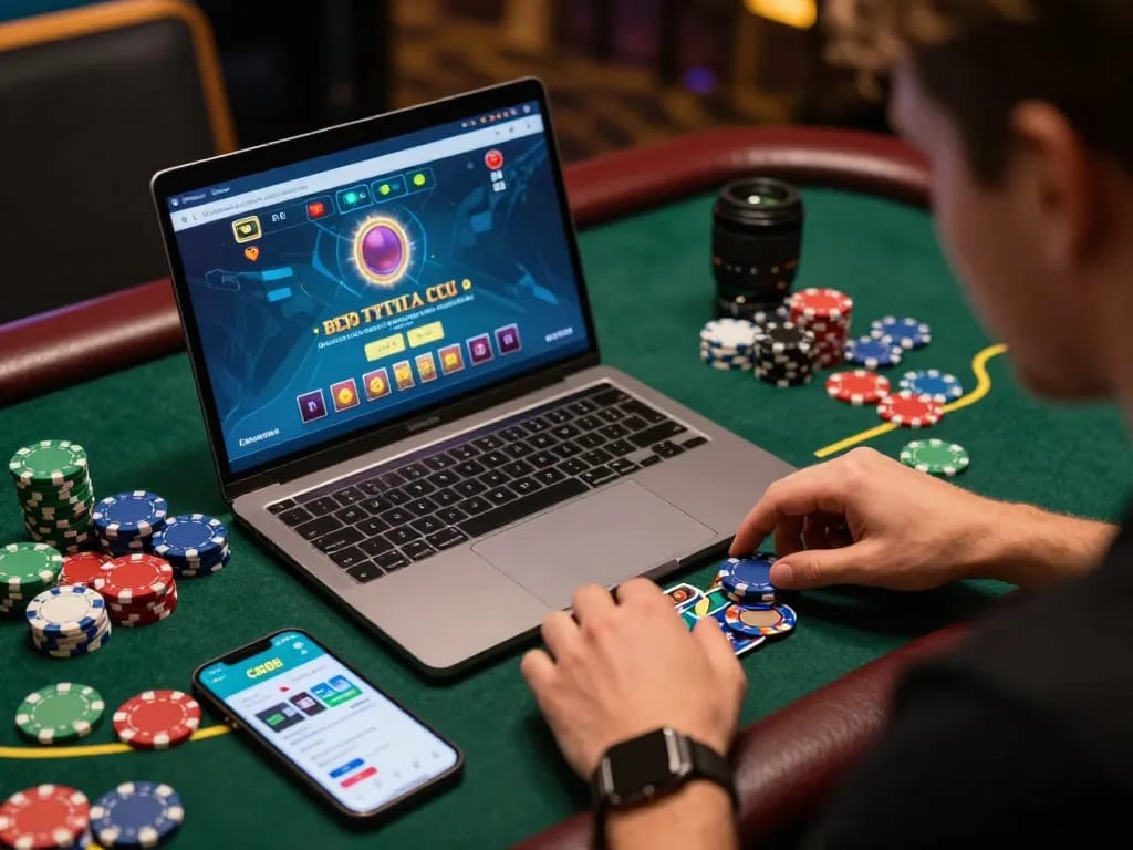 Engage with online baccarat at https://cm888.mobi/, where vibrant chips and strategy intertwine in a stylish gaming setup.