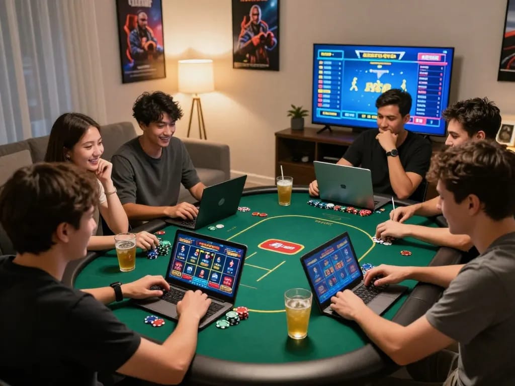 Exciting gaming session with friends at MM88.COM poker table in cozy living room, showcasing vibrant atmosphere.