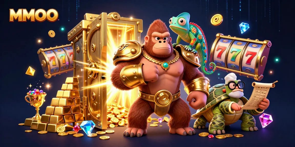 Spin the reels at MMOO with a vibrant casino scene featuring a mighty gorilla king and treasure.