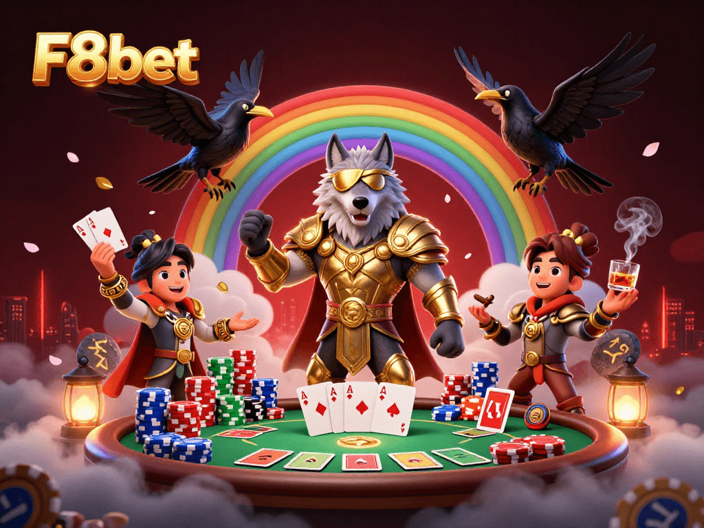 F8bet showcases a vibrant 3D casino scene with Odin and ravens amid vivid gaming elements.