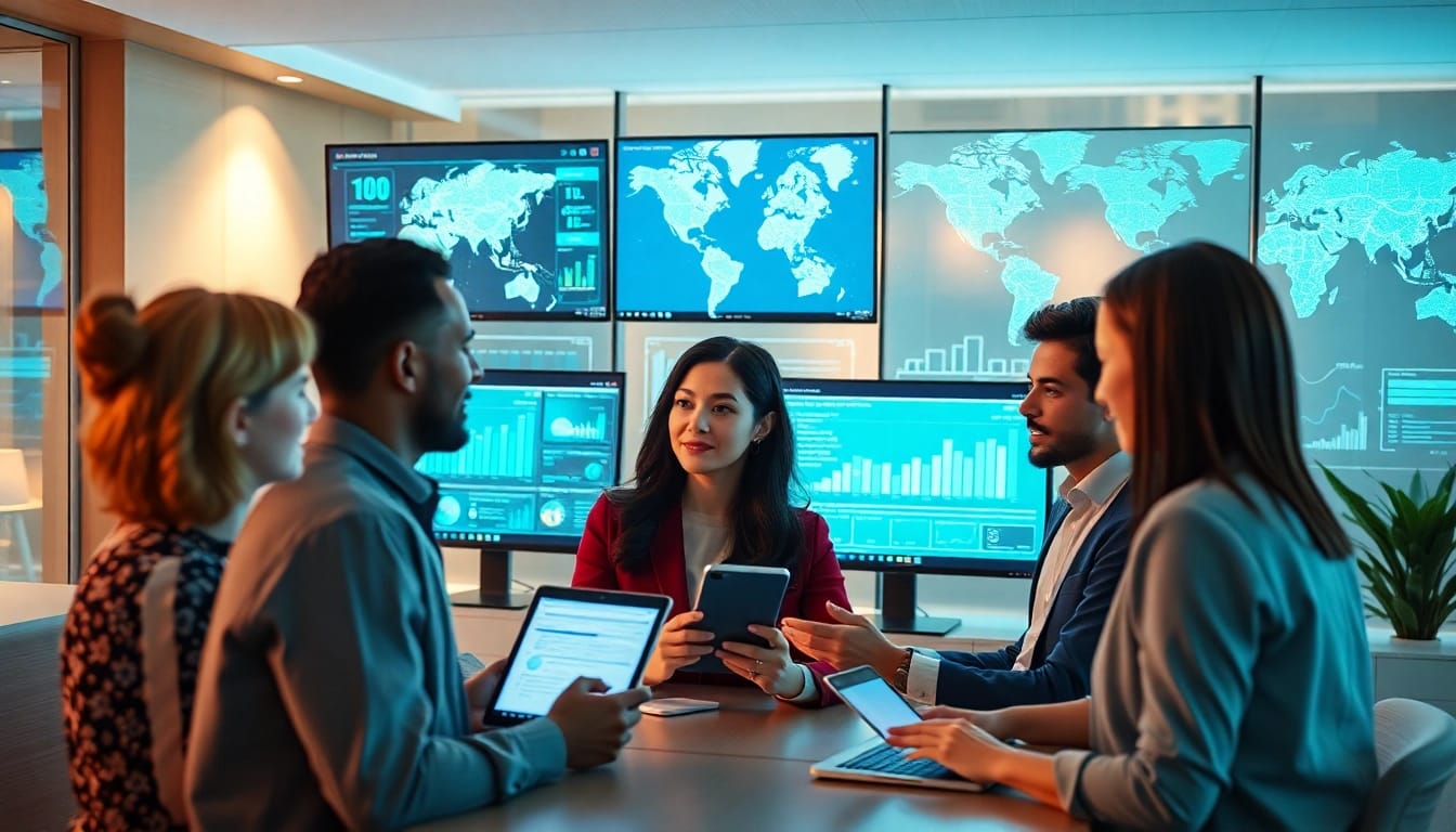 Dynamic professionals utilizing 快连官网 services in a modern office showcasing global network acceleration.