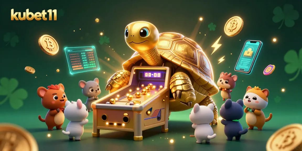 Engage with kubet11's vibrant gaming scene featuring a golden tortoise pinball machine surrounded by cryptocurrencies.