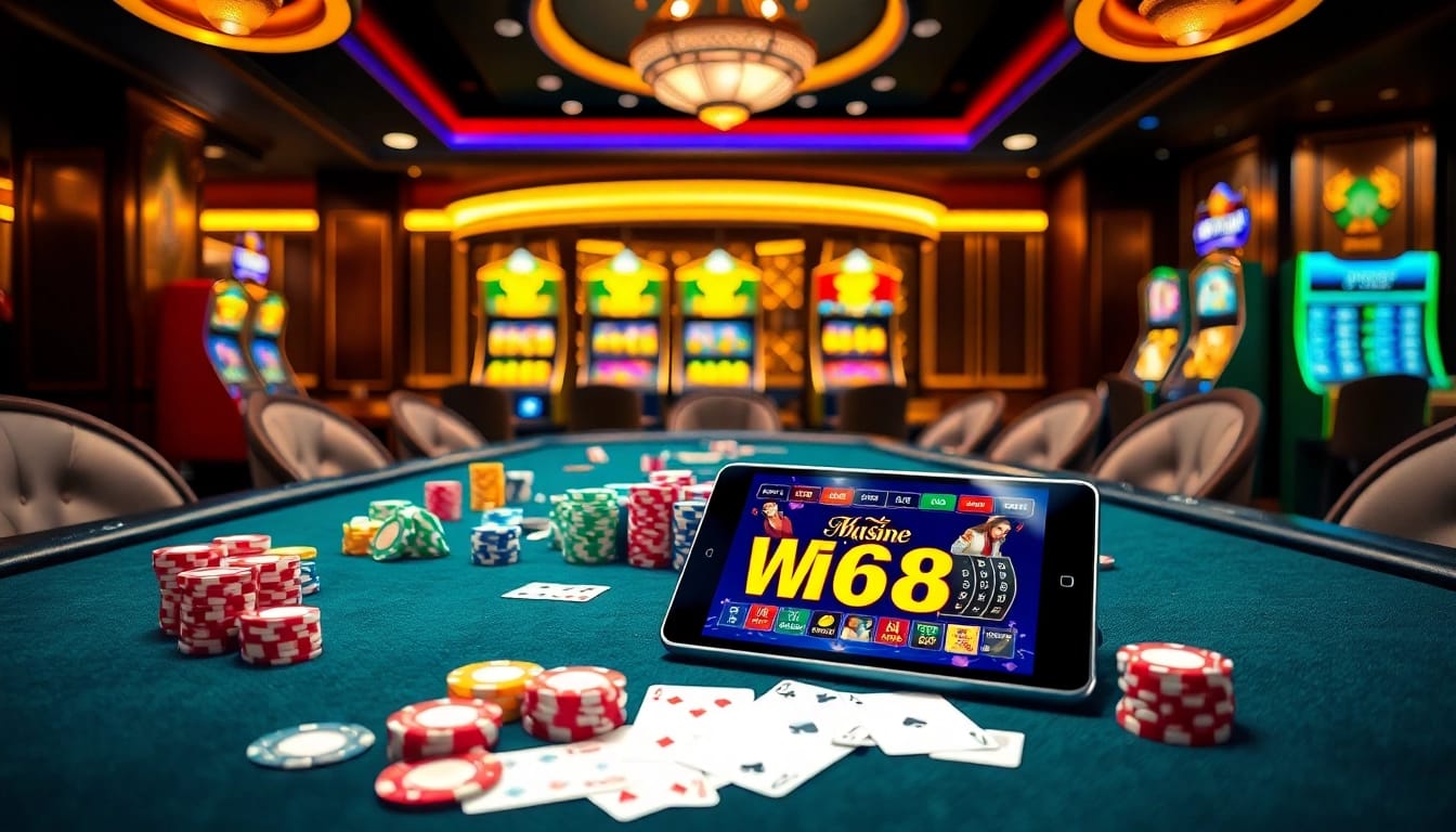 WIN678 đăng nhập at a luxurious casino table with vibrant gaming elements and sleek devices.