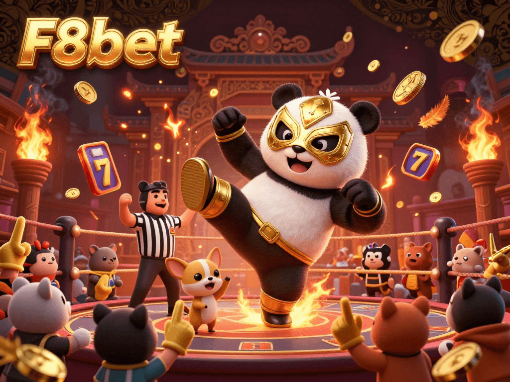 Engaging scene with F8bet's panda wrestler and referee in an action-packed casino atmosphere.