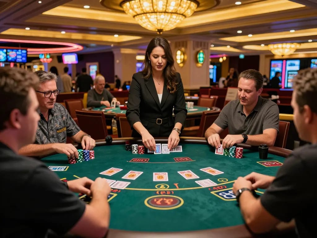 Players at the blackjack table enjoying the excitement of xo88.fam gaming under vibrant neon lights.