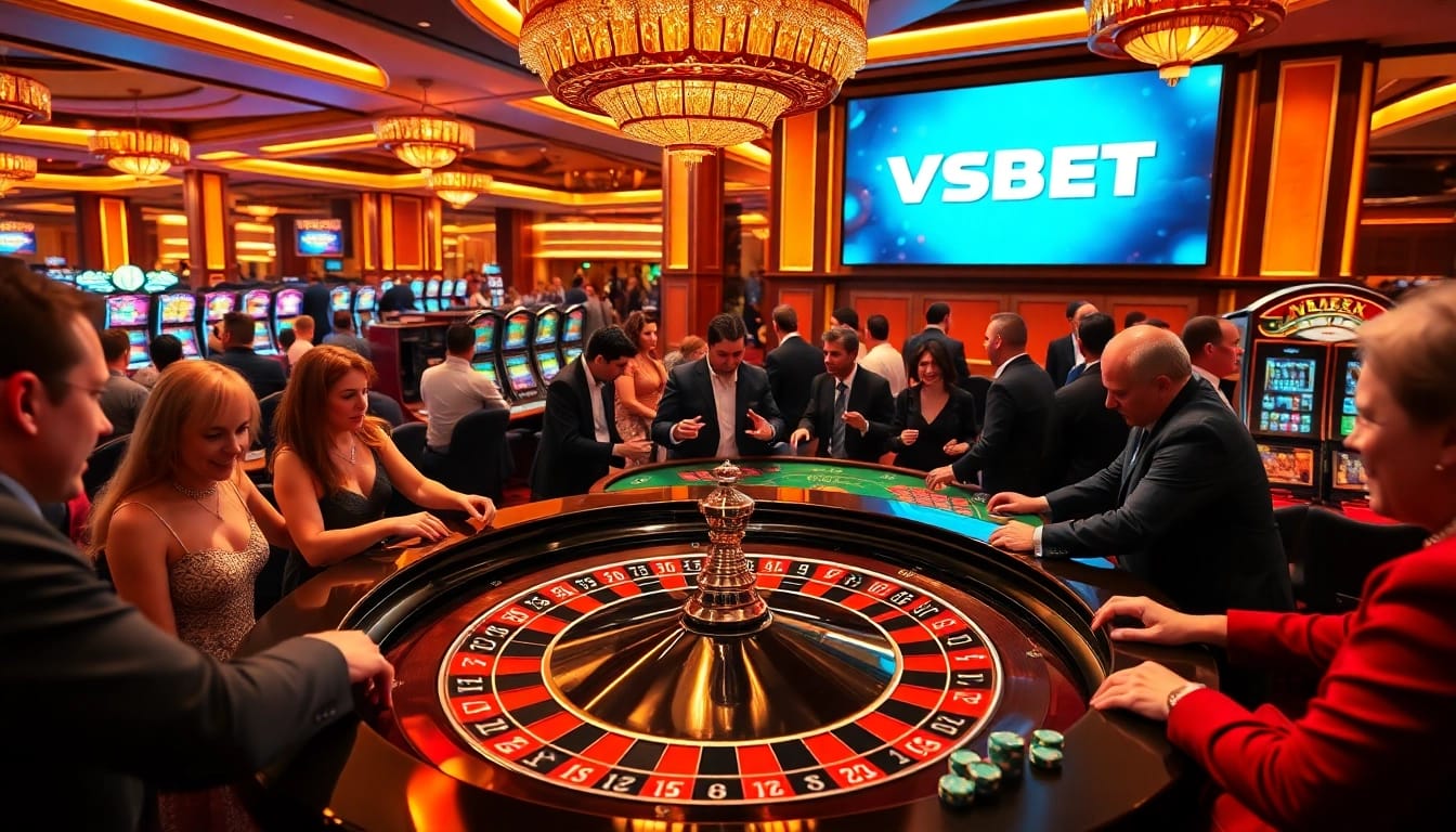 VSBET enhances excitement at a vibrant casino scene filled with players and gaming tables.