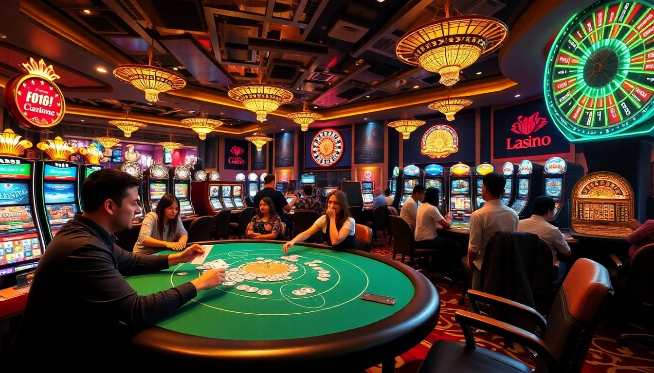 Exciting casino scene showcasing players at https://f168.vision/ engaging with poker and slot games.