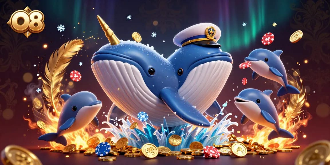 Experience thrilling action on O8 with playful dolphins and a majestic whale among gold coins.