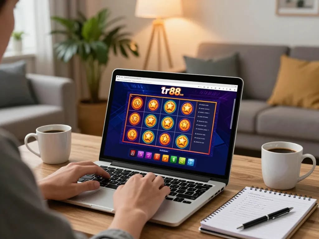 Player engaging with tr88 com online casino slots in a cozy living room.