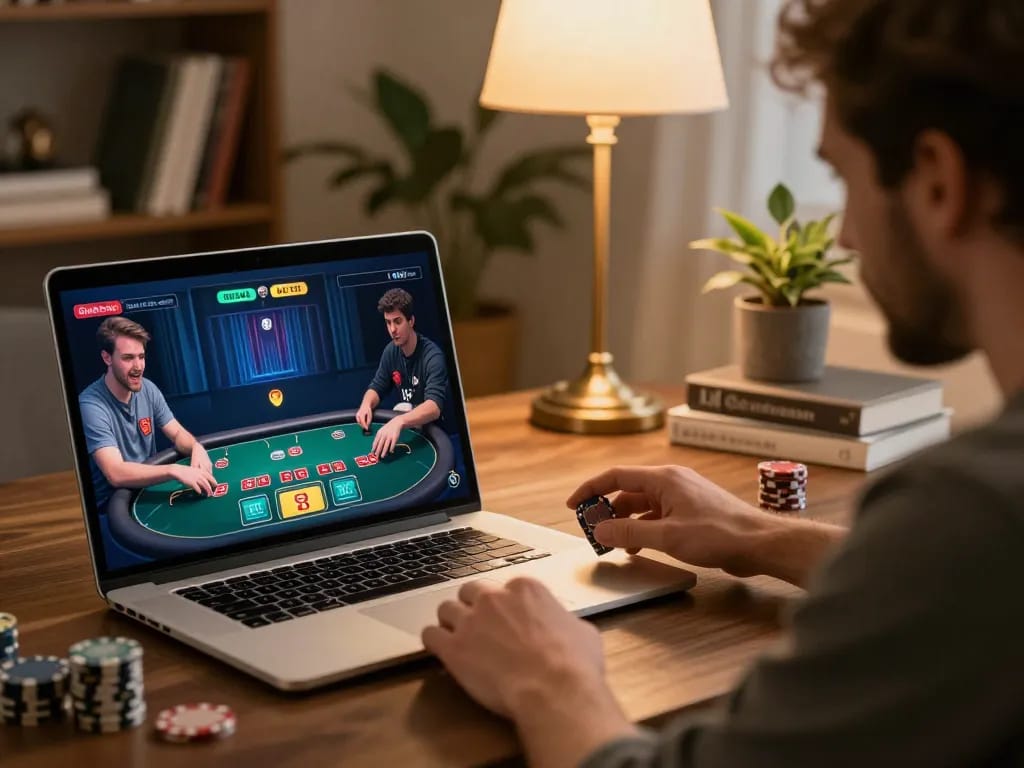 KP88 online poker player excitedly placing bets on laptop surrounded by a cozy atmosphere