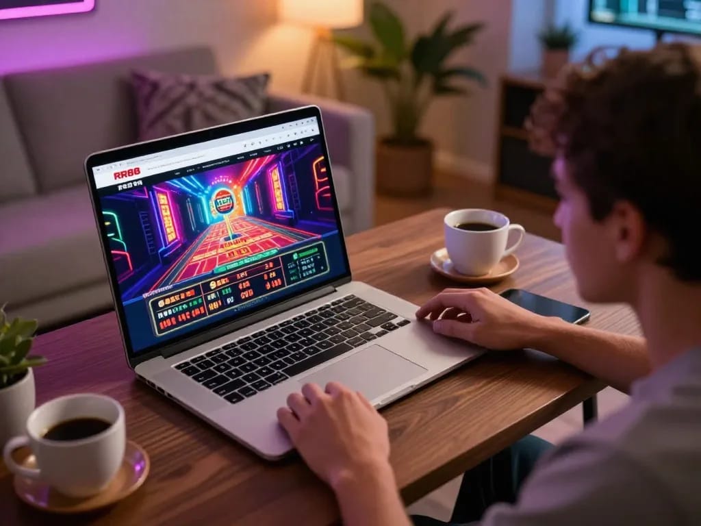 Player engaging with the online RR88 platform, highlighting dynamic betting action and cozy atmosphere.