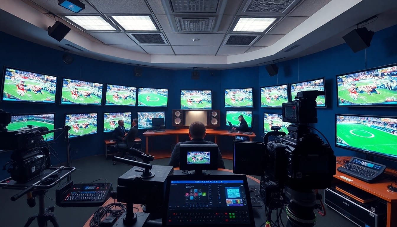 Action-packed sports broadcasting studio highlighting vibrant monitors and professional equipment.