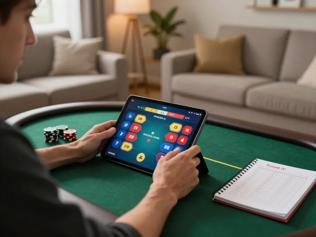 Player engaging with j188 online poker app at home, showcasing responsible gambling strategies and cozy atmosphere