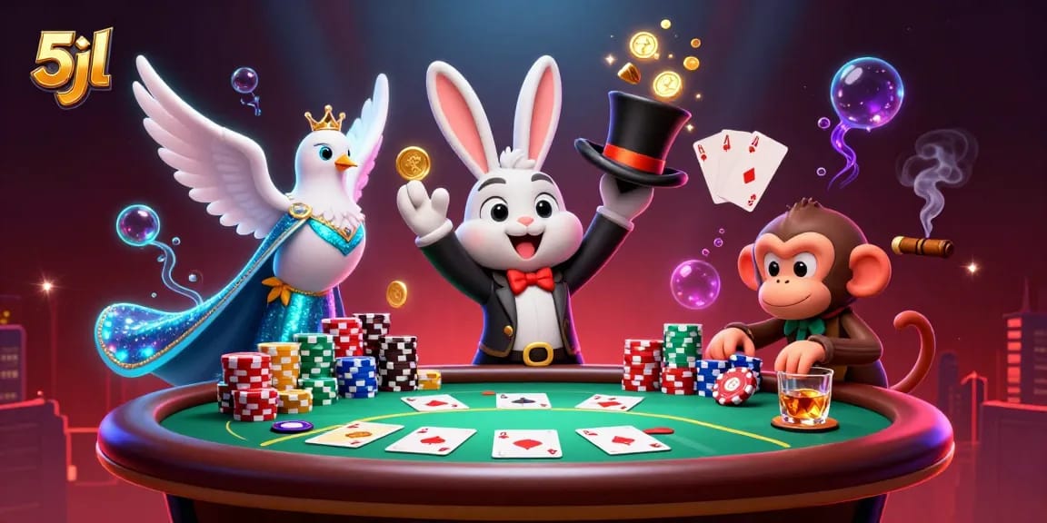 Experience the magic at the 5jl casino with a dazzling rabbit, assistant dove, and playful monkey!