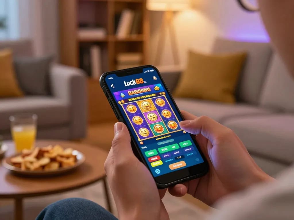 Player engaging with luck88 com casino app on smartphone, vibrant game graphics and cozy home atmosphere