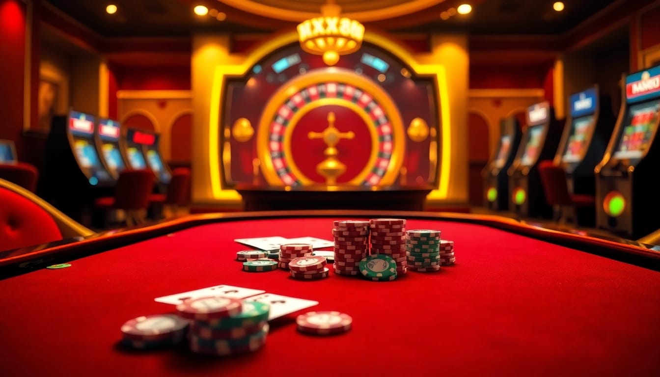 Players enjoying a vibrant gaming atmosphere at XX88 casino with roulette and poker tables.