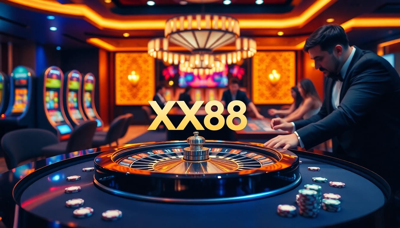 Players enjoy thrilling casino games at XX88, featuring roulette and vibrant slots.