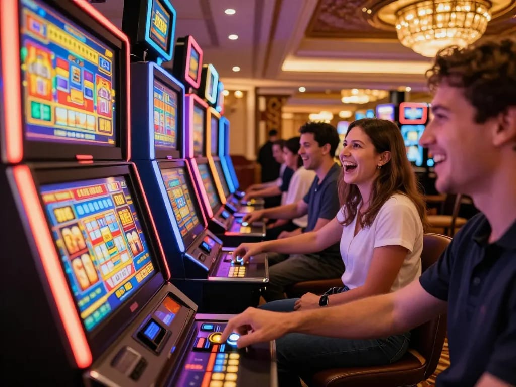 Players enjoying vibrant slot machines at du88 com casino, pressing spin buttons with excitement