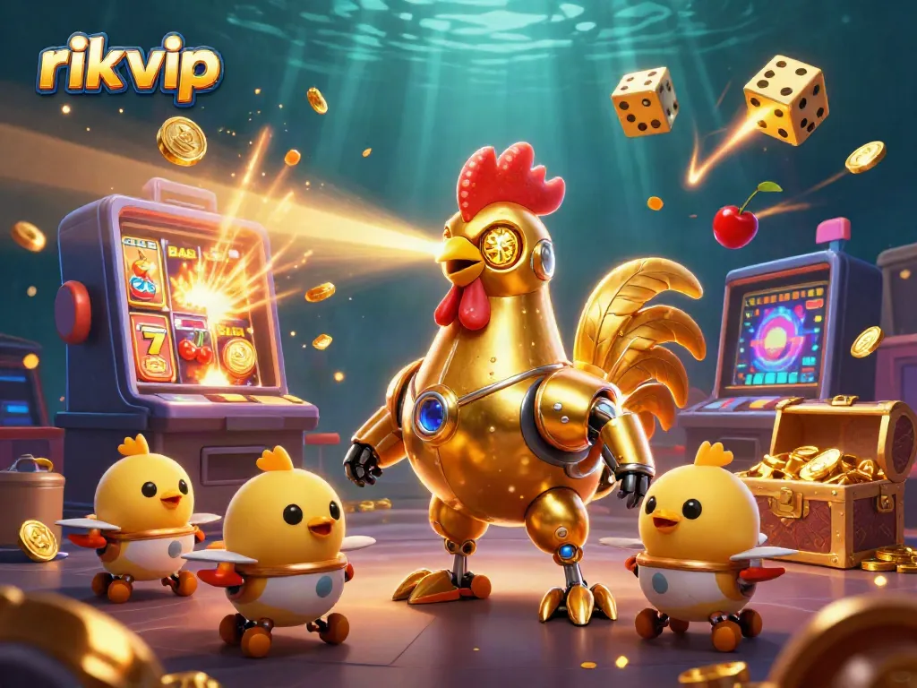 Engage with the thrilling world of rik vip as a golden rooster robot and drones celebrate in a vibrant casino explosion.