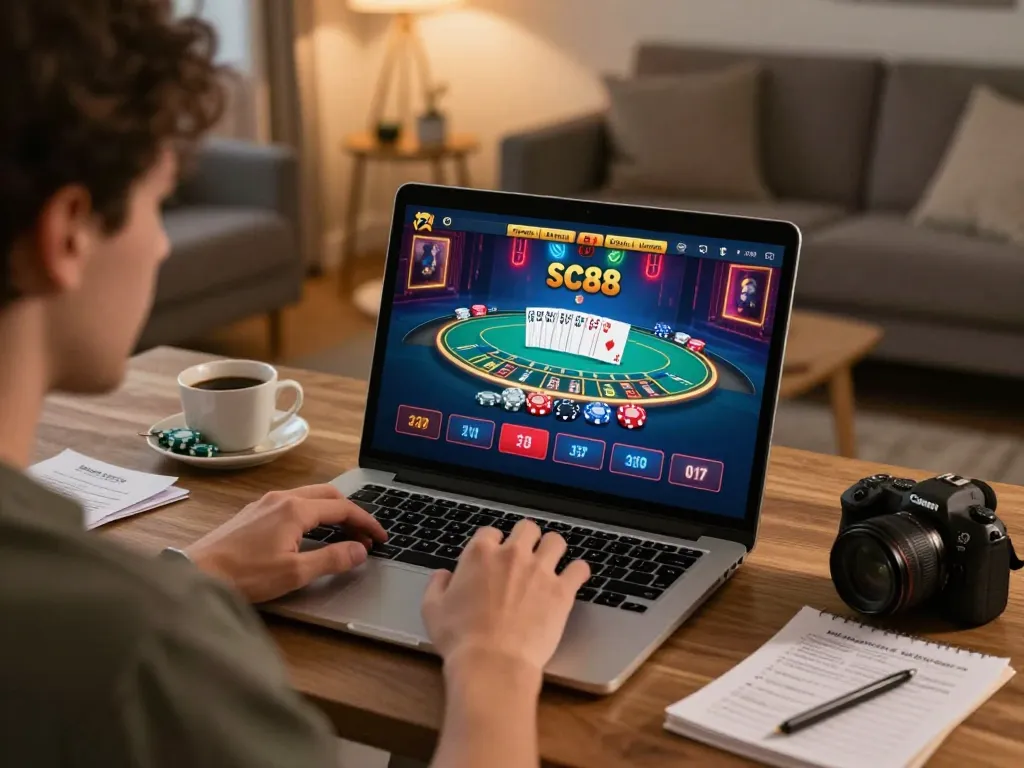 Engaging in online baccarat gaming at SC88, showcasing a modern home setup with laptop and strategy notes.