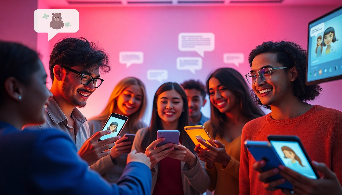 Engaging chat experience with crushon ia, showcasing diverse users interacting with AI characters on digital devices.