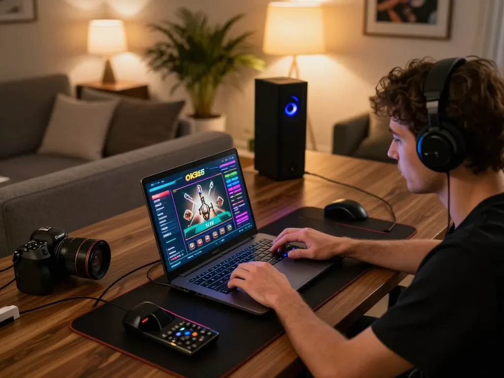 Engaging in online casino gaming on OK365 at a cozy home setup, portraying strategic gameplay