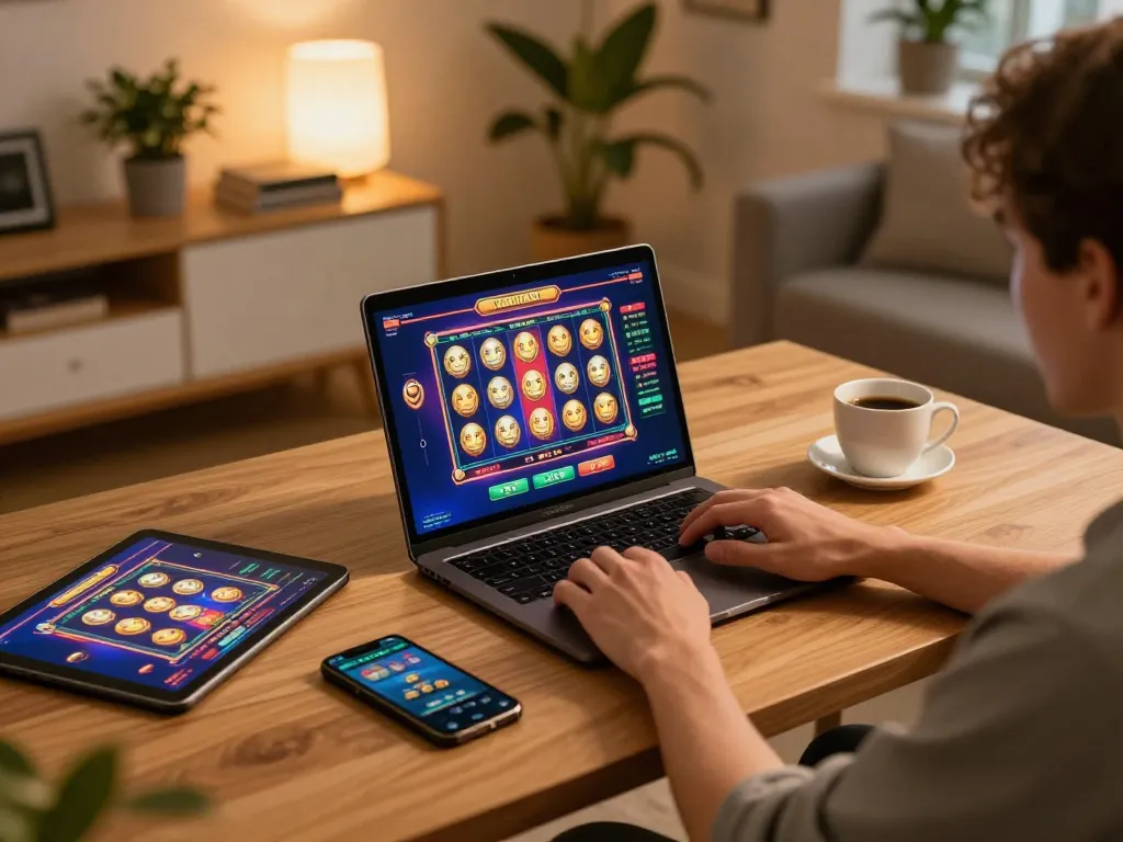 Engaging in online casino gaming through tx88.bid on a cozy home setup with laptop and tablet.