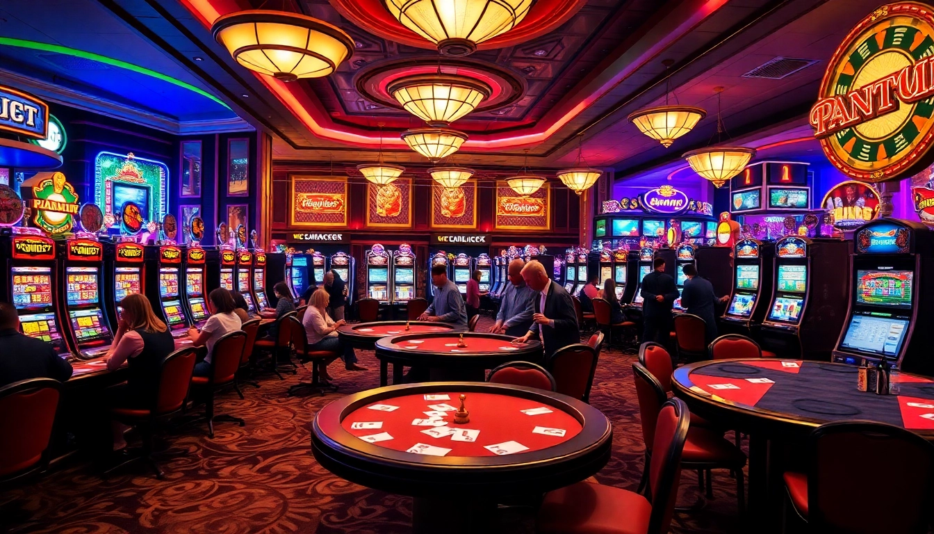 Players enjoying vibrant slot machines at mmoo com casino atmosphere.